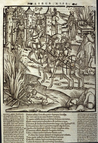 Eneide de Virgil (70 BC-19 BC), book XIII (supplementum), the Trojan hero Aeneas receives the Latins, sacrifices are made in honor of the victims of war. Xylography by Sebastian Brant (1458-1521). Strasbourg by Unknown artist