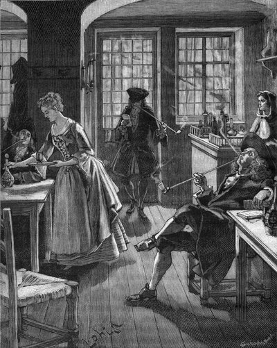 England, late 17th century: men smoking in a cafe. Engraving of the 19th century. In 