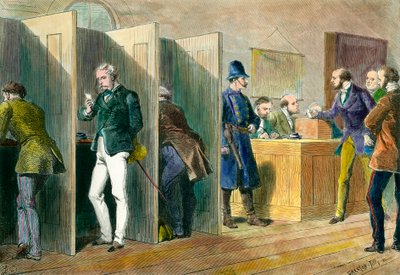 English democracy: Inside a polling station during elections in England with representation of the voting booths. Engraving of the 19th century by Unknown artist