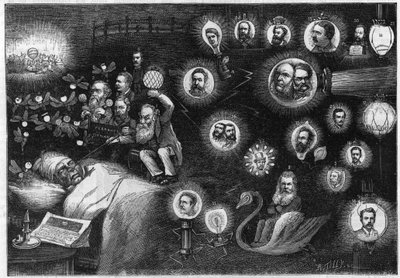 English Electric Cartoon. - The Dream of a Gas Company. Sir Henry Chatley Tyler, UK Promoter of the Brush System. - Georges Offor, Chief Engineer of South Eastern Brush Electric Co. - Robert Hammond, Promoter of Hammond Electric Light and Power Supply by Unknown artist