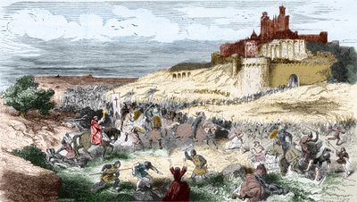 Engraving: Crusade against Cathares - Albigensians - Capture of Beziers 21 July 1209 by Simon de Montfort (Simon IV, Count of Montfort) - the 7000 inhabitants are massacred and the city pillaged and burned - Engraving in 