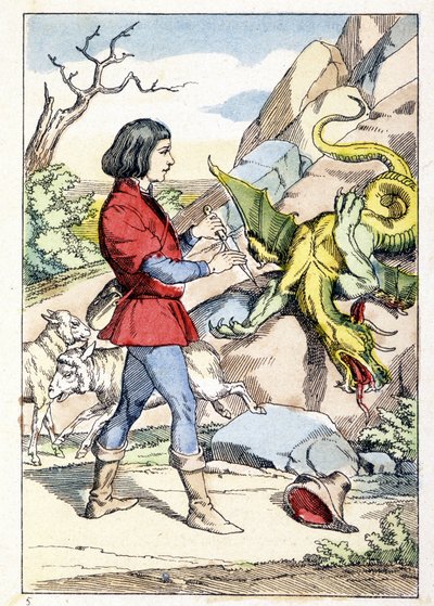 Engraving Representing a Pastor with a Knife Ready to Face a Dragon by Unknown artist