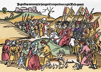 Entry of the Tartars into Hungary under the rule of Bela IV (1235-1270) of Hungary. Engraving from 