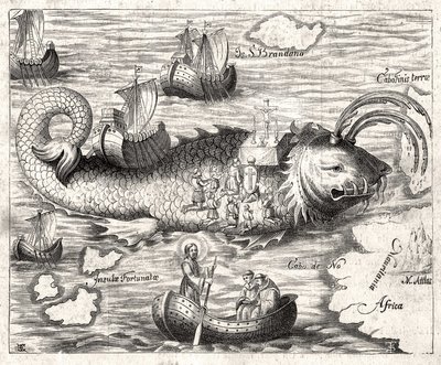 Episode of the Legend of Saint Brandan (Brendan): a fantastic journey of the Irish abbot of the 6th century in search of earthly Paradise. Print from 1621 by Unknown artist