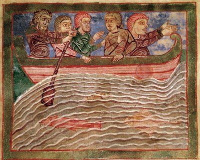 Episode of the life of Saint Radegonde of Poitiers (519-587), wife of Clotaire I, king of the Francs: Radegonde represented on a boat saving Florio. Miniature from an 11th century manuscript. Municipal library of Poitiers by Unknown artist