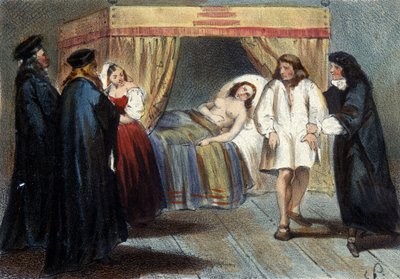 Episode of the test of manhood of Vincent I Gonzague (1562 - 1612), Duke of Mantua, for his marriage to the daughter of François de Medici, Eléonore in 1584. He was suspected of not having any heirs. Lithograph of the 19th century. by Unknown artist
