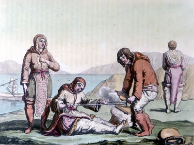 Eskimos light a fire by rubbing pieces of wood by Unknown artist