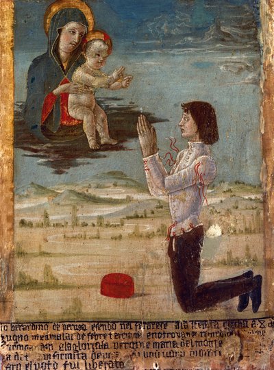 Ex-voto depicting Madonna and Child with man on his knees praying, Abbey of St Maria del Monte, Cesena, Emilia-Romagna, Italy by Unknown artist