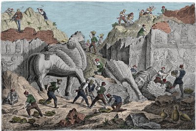 Excavations Undertaken by Paul-Emile Botta, Consul of France in Nineveh at the Site of Khorsabad, Former Assyrian Capital North of Mosul, Iraq. Engraving of the 19th Century by Unknown artist