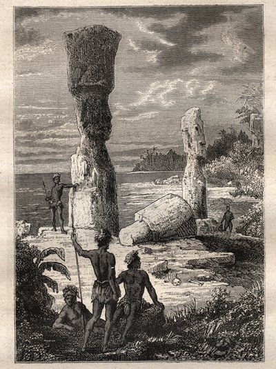 Expedition around the world (1785-1788) by Jean Francois Galaup de La Perouse: indigenes of Easter Island looking at monumental statues (Moai) - illustration taken from The Great Mariners of the 18th century by Unknown artist