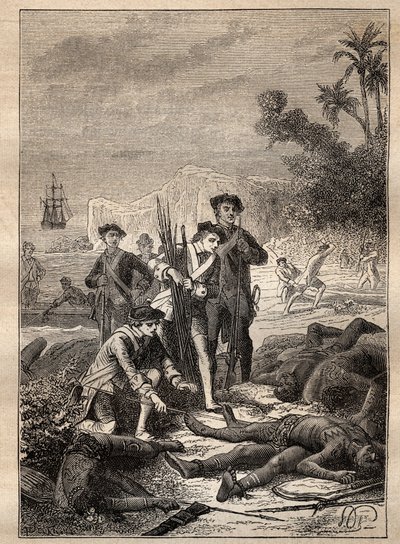 Expedition by Jean Francois de Surville (1717-1770) in the South Seas (1769-1770): the sailors of Surville gather the weapons of the indigenous people who died during the battle (New Ireland, Papua New Guinea) - illustration taken from 