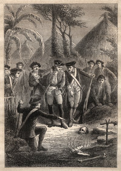 Expedition by Nicolas Thomas Marion-Dufresne: in search of Marion and their missing comrades, sailors discover a skull and human remains in the village of Tacouri (Matuaro Island, New Zealand) - illustration taken from “The Great Mariners of the 18th centu by Unknown artist