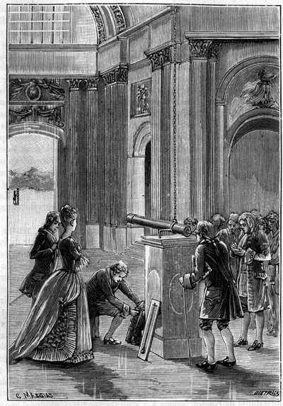 Experience of Pierre Bouguer (1698-1758) at the Dome des Invalides (Paris) to demonstrate the expansion of bodies by heat (1745). Engraving in 