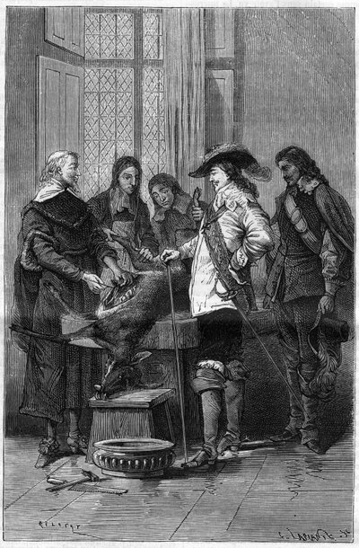 Experience of William Harvey (1578-1657), English doctor showing Charles I Stuart (1600-1649) king of England and doctors of the Royal College of London the phenomenon of blood circulation on a living doe. Engraving in La Nature by Unknown artist