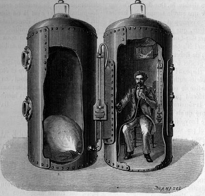 Experience on barometric pressure by the physiologist Paul Bert (1833-1886): breathing of a suroxygenic air, dilates by decreasing pressure. Engraving in 
