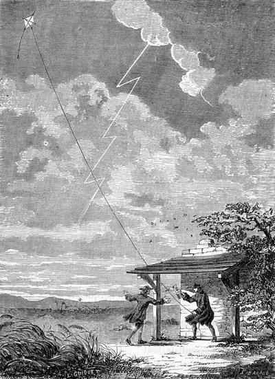 Experiment of the electric kite made in Philadelphia by Benjamin Franklin, September 1752 - engraving by Unknown artist