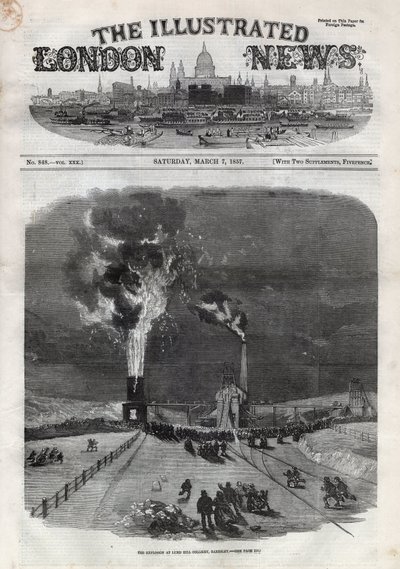 Explosion at the Lund Hill coal mine in Barnsley, England. Engraving in 