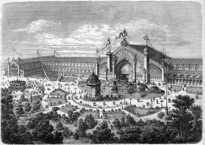 Exposition Universelle de Lyon: the galleries seen from the park. Engraving in 