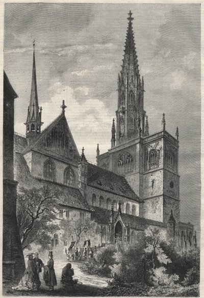 Exterior view of the Notre Dame Cathedral in Constance, Germany. Engraving in 