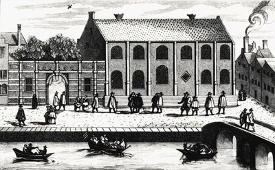 Exterior view of the building of the University of Leiden founded in 1575 by Guillaume de Nassau. Engraving after 