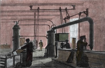 Factory for the manufacture of ice with the system of Ferdinand Carre (1824-1894). Engraving of the 19th century by Unknown artist