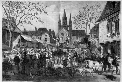 Fair in Brittany on the square of a village. Engraving in Le Monde Illustré by Unknown artist