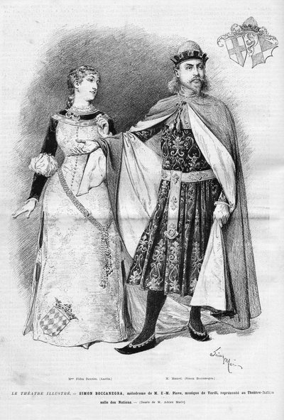 Fides Devries in the role of Amelia and Victor Maurel (1848-1923) in that of Simon Boccanegra in the eponymous opera in three acts by Giuseppe Verdi, a libretto by Francesco Maria Piave after a piece by Antonio Garcia Gutierrez by Unknown artist