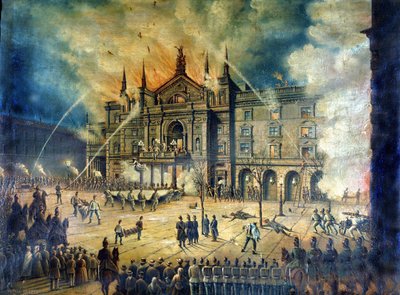 Fire of the Vienna Opera Wiener Ringtheater in 1881. 19th century drawing. by Unknown artist