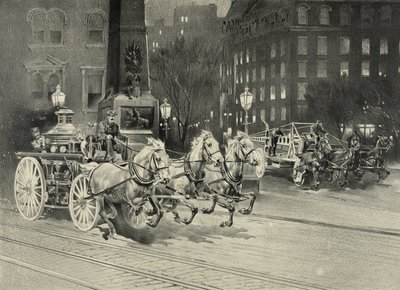 Fire vehicle pulled by horses arriving at the fire site, USA, 1895 by Unknown artist
