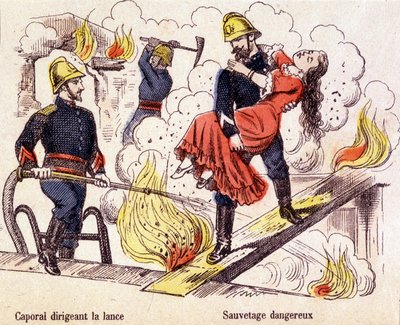 Firefighter rescuing a young woman from the flames of a fire by Unknown artist