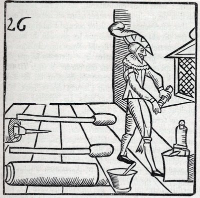 Fireworks and Fireworks: Artisan Making Fuses. Reproduction of the Engravings of the Work of the French Jesuit Jean Leurechon La Recreation Mathematiques, ou Interview Facetieux sur Plusieurs Plaisants Problemes, en fait d