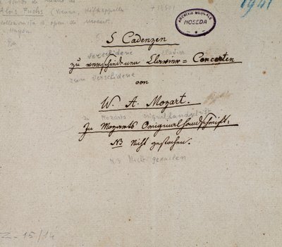 First page of a manuscript of 5 cadences for piano by Mozart by Unknown artist