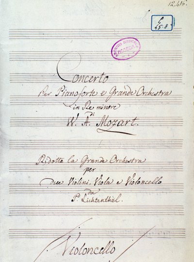 First Page of Sheet Music for Concerto for Piano and Large Orchestra in D Minor by Mozart (Lichtenthal Version) by Unknown artist