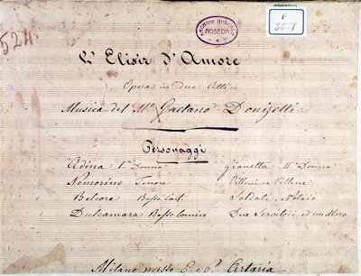 First page of sheet music for The Elixir of Love, opera by Gaetano Donizetti by Unknown artist