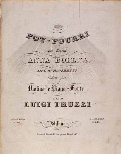 First page of sheet music of a pot pourri of Anna Bolena, opera by Gaetano Donizetti by Unknown artist