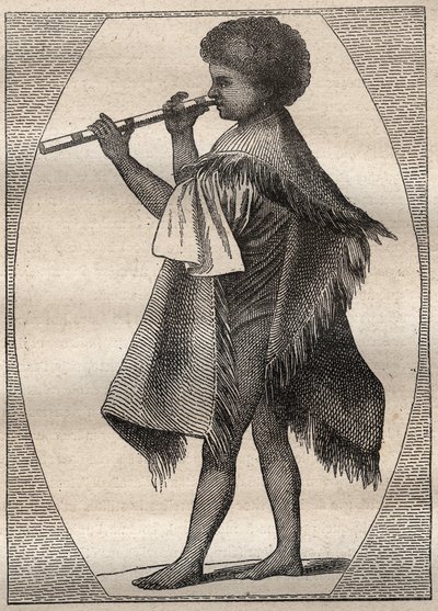 First voyage by Captain James Cook: Tahitian flute player - illustration taken from “The Great Mariners of the 18th century” by Unknown artist