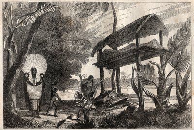 First voyage (1768-1771) of Captain James Cook: a fia-toka, burial building of Tahiti - illustration taken from The Great Mariners of the 18th century by Unknown artist