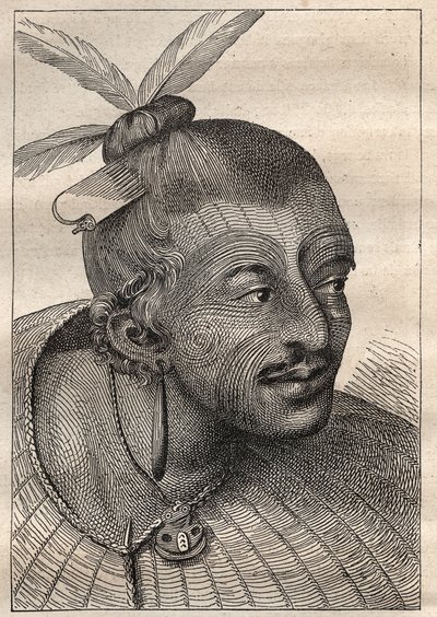 First voyage of Captain James Cook: tattooed head of a New Zealander - illustration taken from “The Great Mariners of the 18th century” by Unknown artist