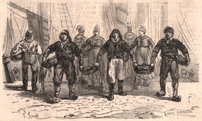 Fishermen with baskets full of fish on the quay of the port of Trouville, France by Unknown