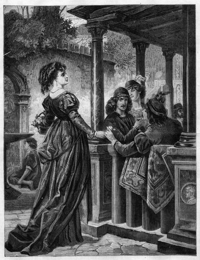 Flower merchant in the streets of Florence in the Middle Ages. Engraving in “The Illustrious Universe” by Unknown artist