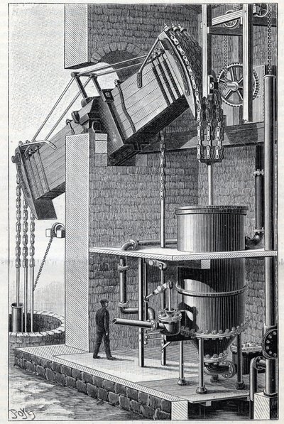 Former steam machine of Thomas Newcomen currently operating near Bristol in England. Engraving in 