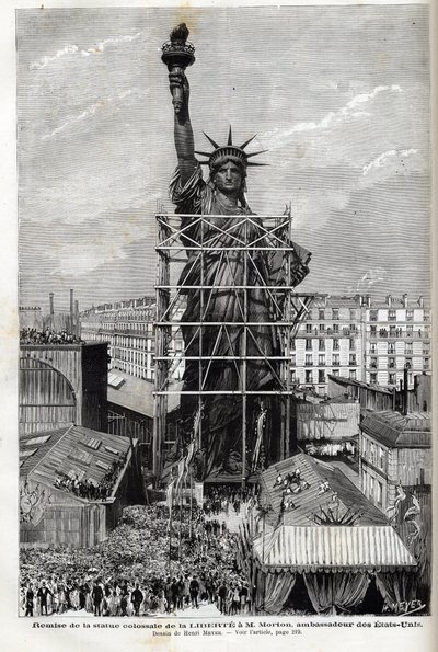 France, Paris, Giving the Statue of Liberty to United States ambassador - Packaging of the statue of Liberty made by Frederic Auguste Bartholdi (1834-1904) in scaffolding to transport it from Paris to America by Unknown artist