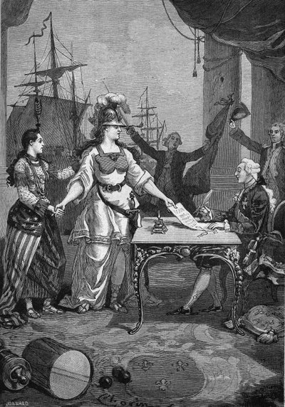 France allied - The king (Louis XVI) had only to sign: on 6 February 1778, the treaty of friendship and trade between France and the rebel colony of North America was signed, which obliged France to guarantee the independence of the United States of Americ by Unknown artist