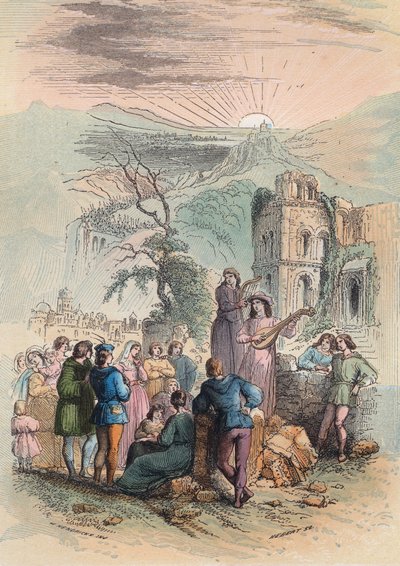 France during the Middle Ages: Find exciting people to take part in the crusade. Engraving from 1868 in 