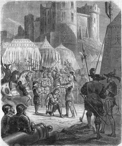 Francis I of France requesting to be knighted by the Chevalier Bayard after victory at the Battle of Marignano, Italy by Unknown artist