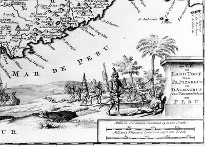 Francisco Pizarro represented on a map of Peru. 17th century. by Unknown artist
