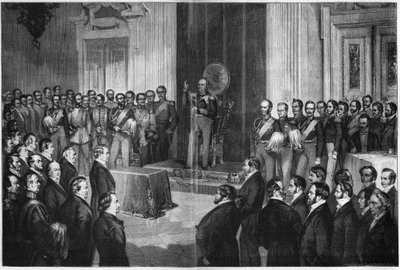 Frederick William IV, King of Prussia, swearing oath on the constitution, 6 February 1850, wood engraving after Paul Buerde by Unknown artist
