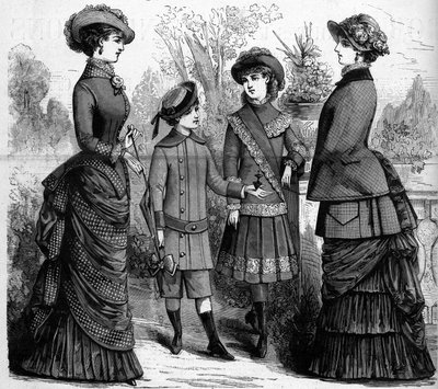 French feminine and child fashion in the 19th century. Advertising of 1882. Engraving in 