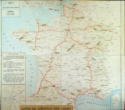 French geographic map showing air telegraphic lines. The beginning of the 19th century. Paris, Musee de la Poste by Unknown artist