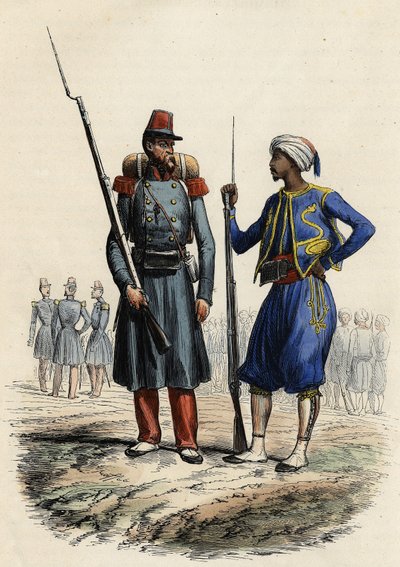 French military uniform: On the left, a foreign legion formed and sent to Algeria in 1831. On the right, indigenous riders, trained and sent to Algeria in 1841. In 